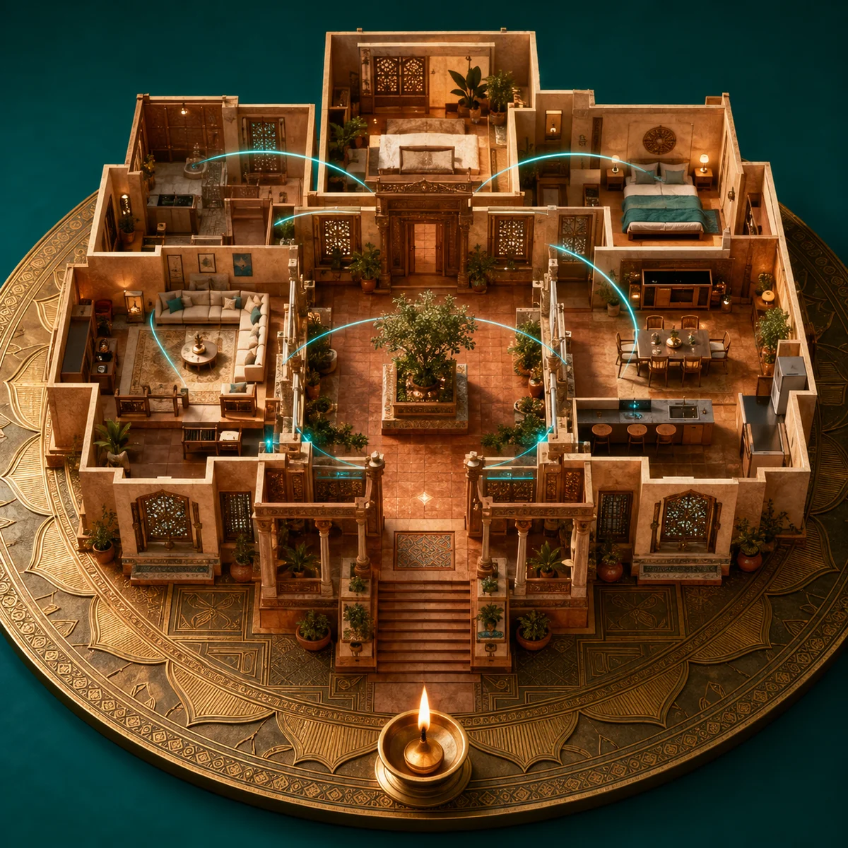 A courtyard home on a brass Vastu mandala, with a diya and illuminated analysis paths